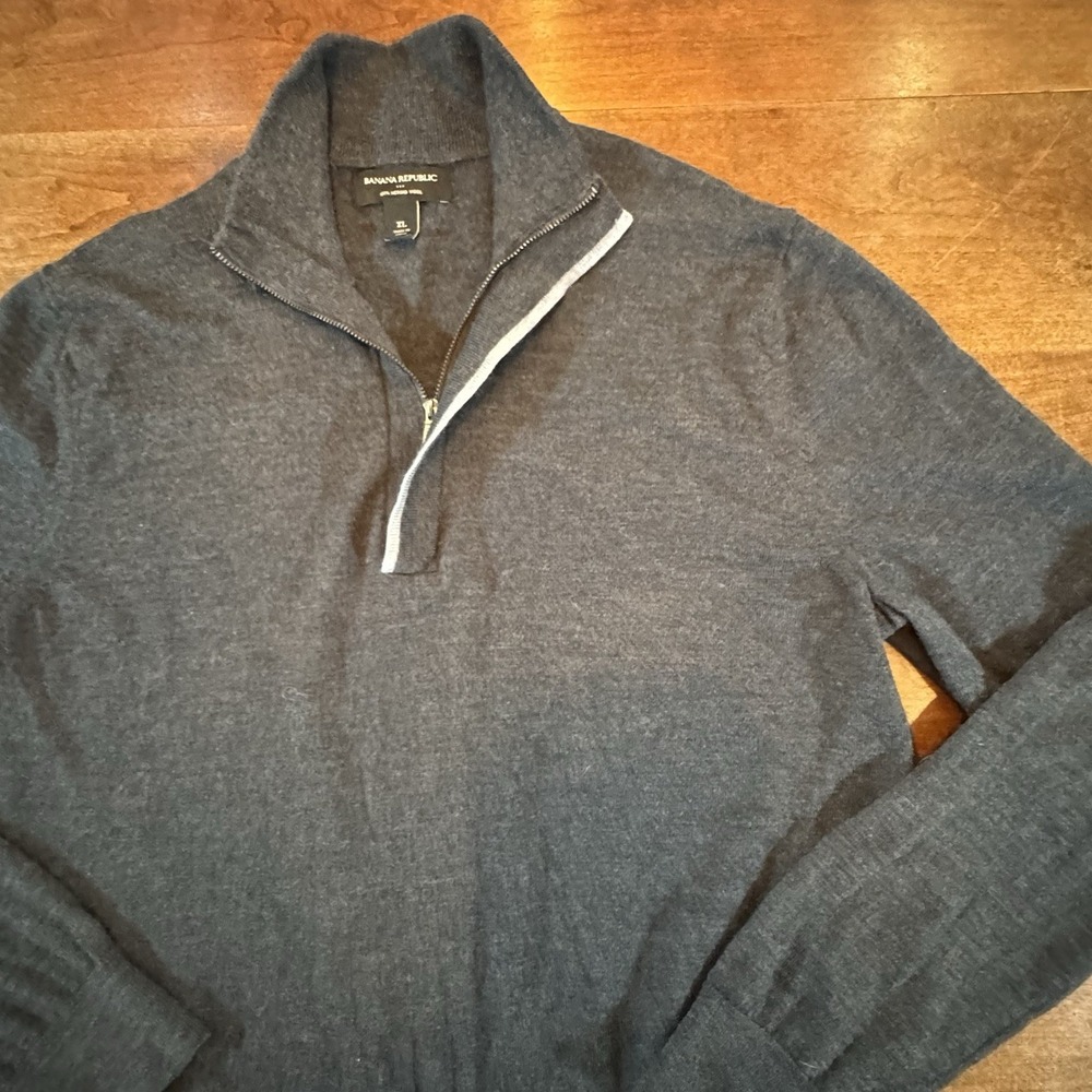 Banana Republic Mens Zip Sweater XL Gray‎ 100% Merino Wool Business Casual